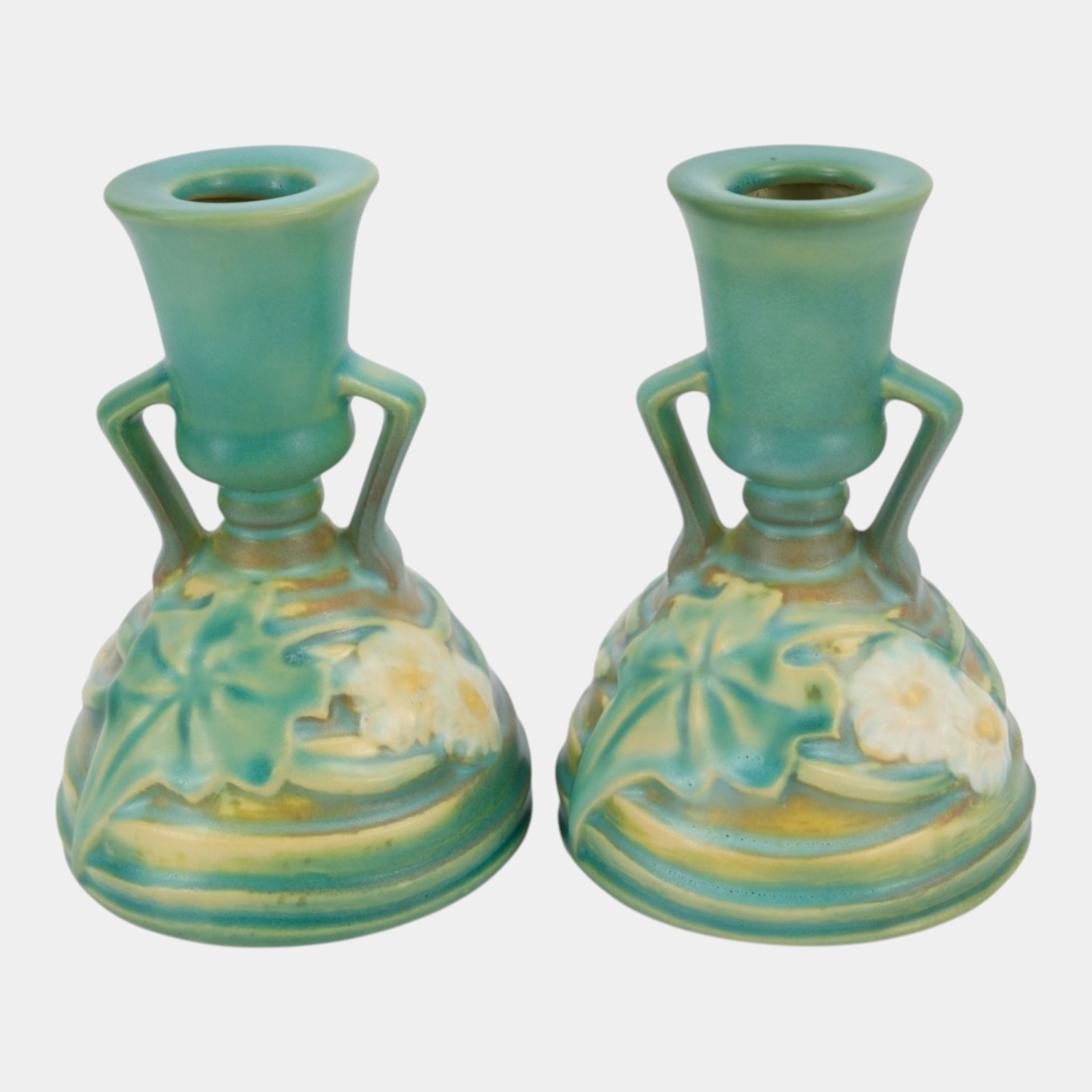 Roseville Luffa Green 1934 Vintage Art Pottery Ceramic Candle Holders 1097-4 Roseville Luffa Green 1934 Vintage Art Pottery Ceramic Candle Holders 1097-4