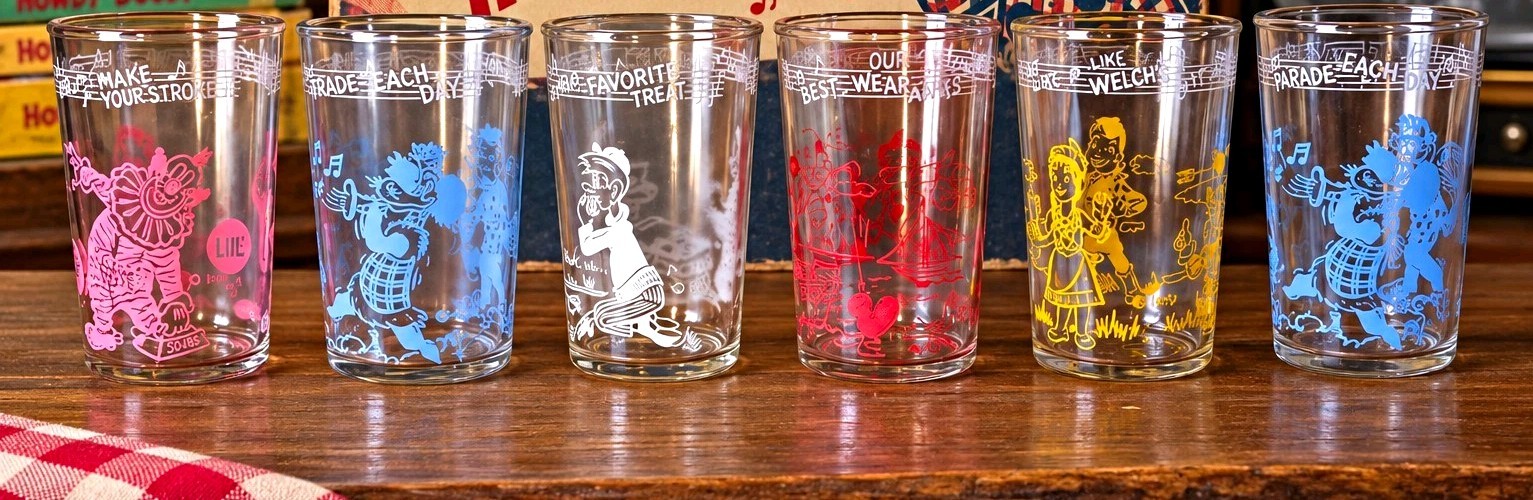 Welch\'s 1953 Howdy Doody Jelly Jar Glass Set of 6, Clear Pink Blue Red