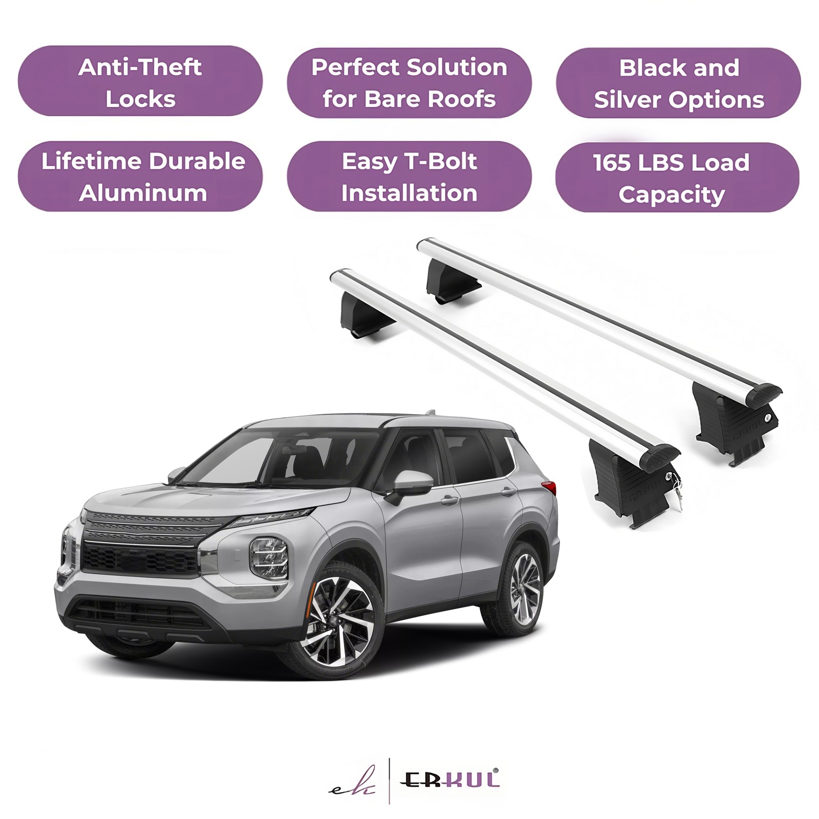 ERKUL Roof Rack Crossbars For MITSUBISHI OUTLANDER 2022-2026 Naked Roof Aluminum