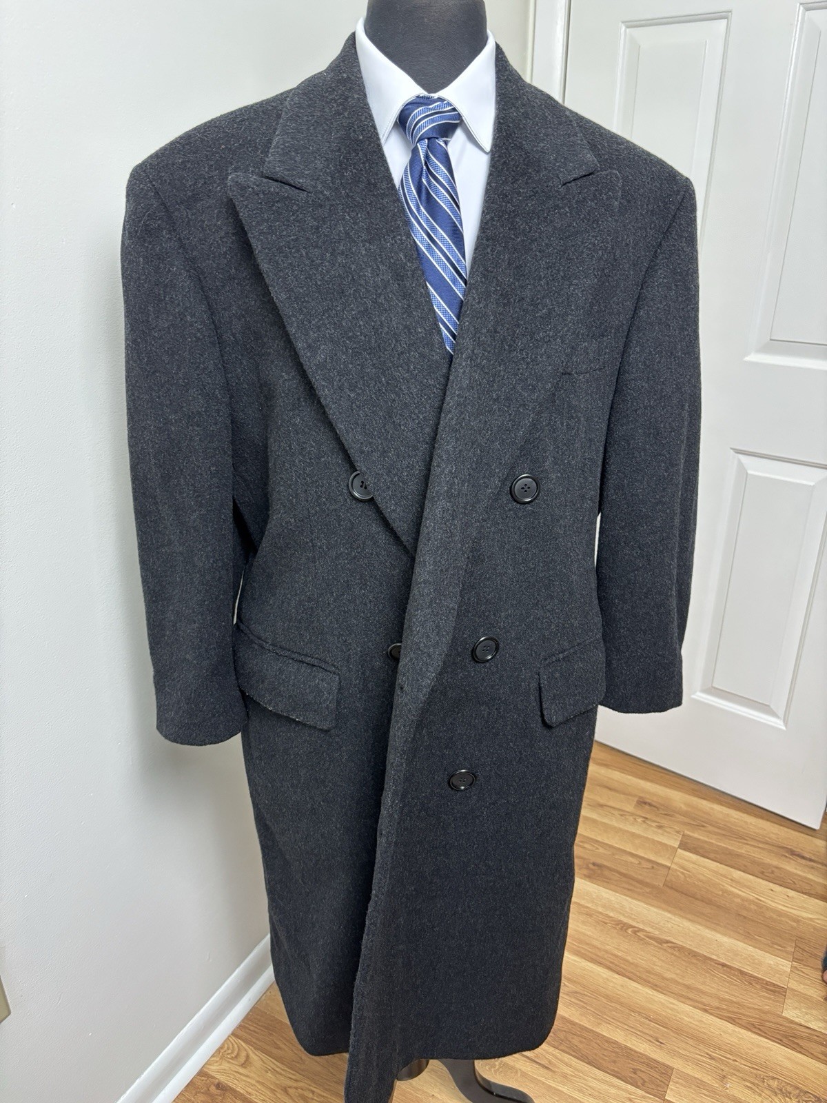 Wool Coat Bill Blass Mens 44S Gray Double Breasted Jacket Overcoat Long Vintage