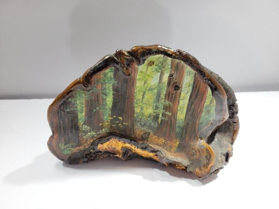 Small Handmade Forest Tree Painting On Mushroom