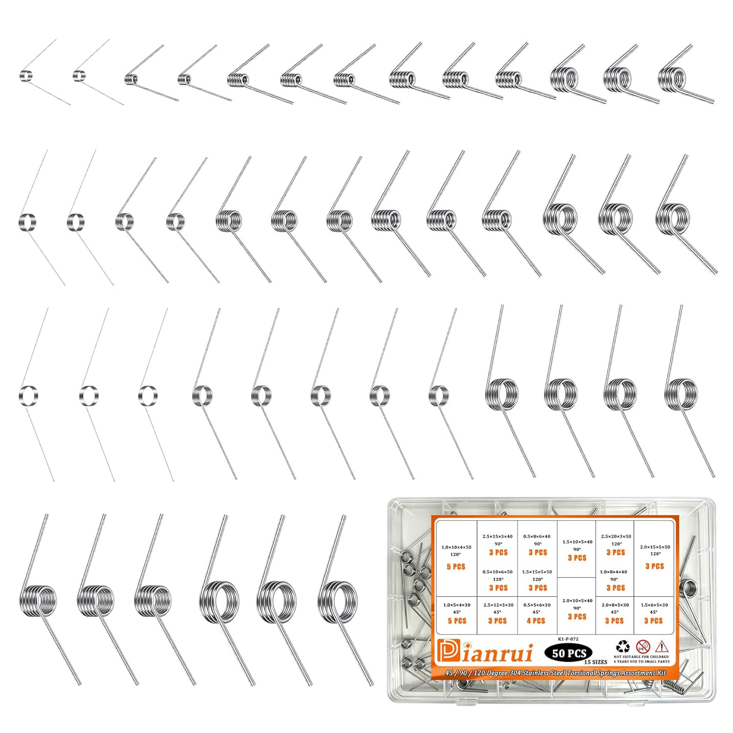 50 PCS Torsional Springs Assortment Kit, 45/90/120 Degree 15 Sizes 304