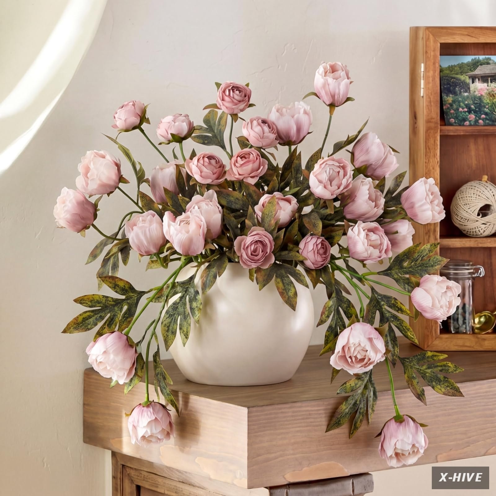 Thiccywoov Artificial Flowers Faux Silk Peony Stem Vase 8 Pcs Brownish Indoor