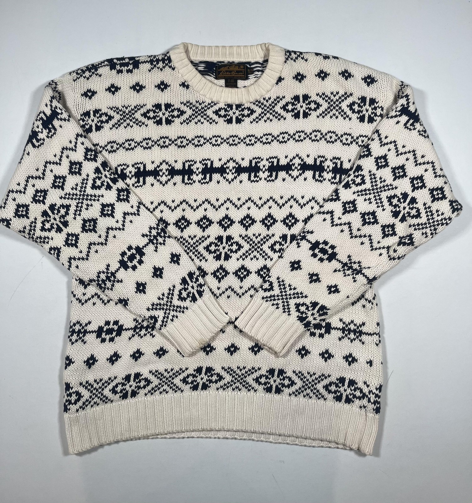 Vintage Eddie Bauer Sweater Mens XLT Tall White Fair Isle Ski Knit Crewneck 90s
