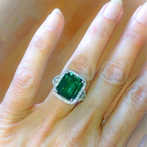 7.54 Ct Natural Emerald Diamond Engagement Wedding Ring 14K White Gold Size 7
