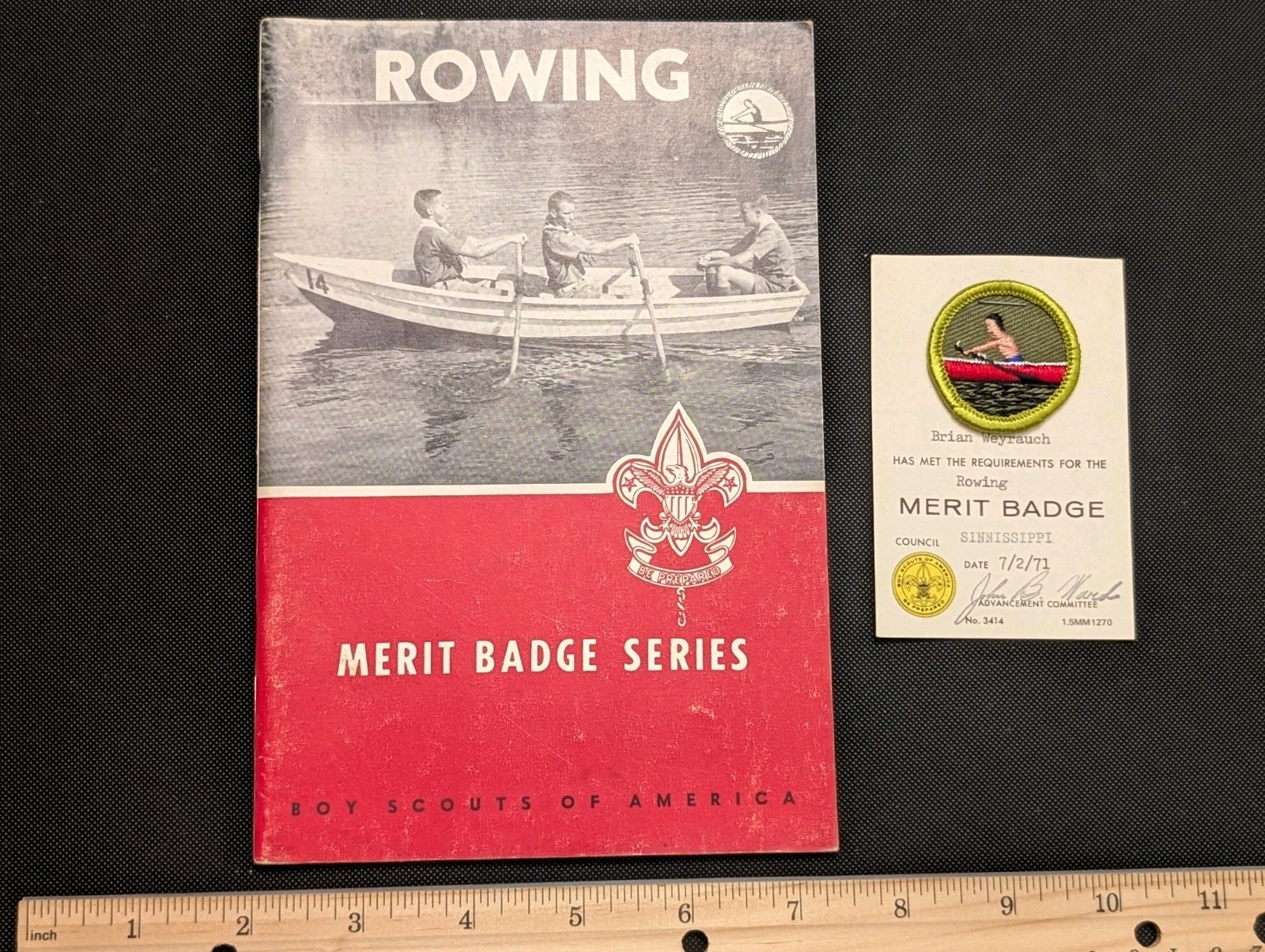 Vintage 1971 BSA Rowing Merit Badge - Booklet, Patch & Signed Card Set Boy Scout Vintage 1971 BSA Rowing Merit Badge - Booklet, Patch & Signed Card Set Boy Scout