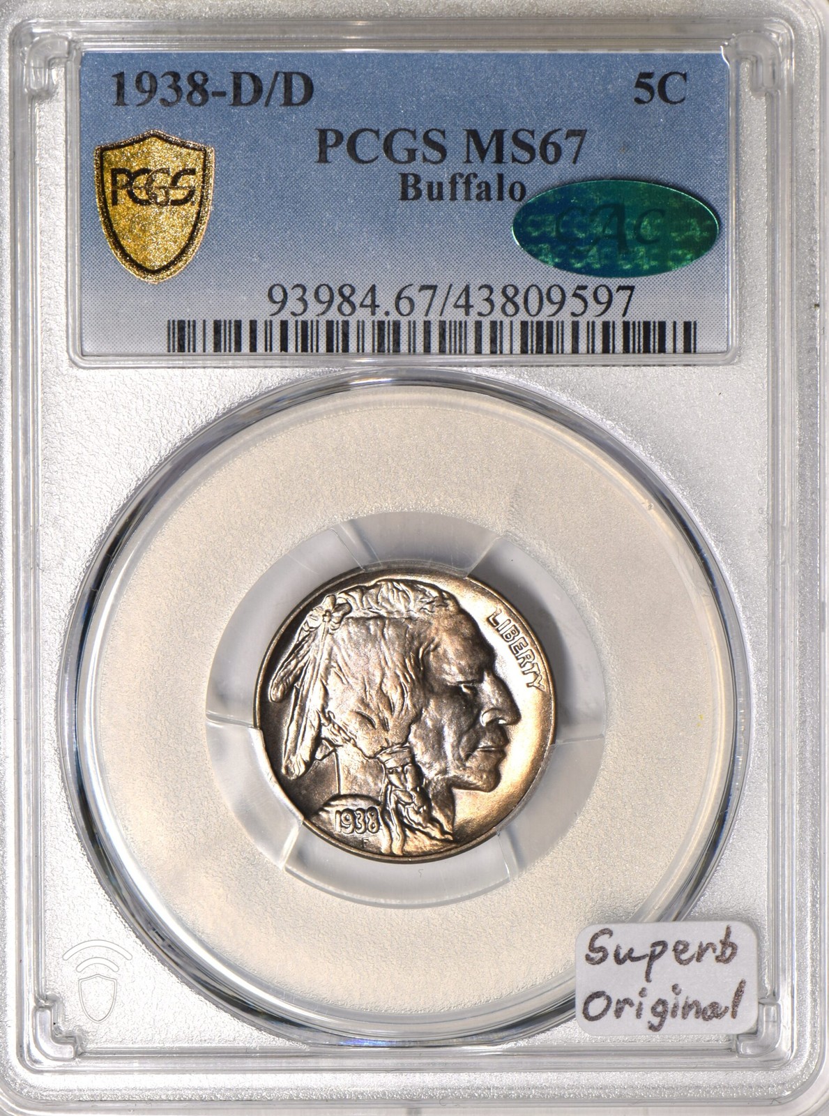 1938-D/D Buffalo Nickel PCGS & CAC MS-67; Superb Original