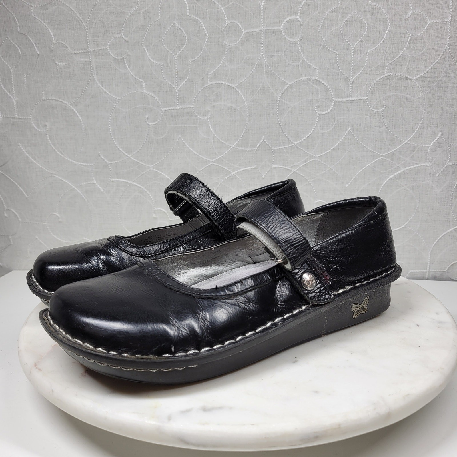 Vintage Alegria Belle Mary Jane Shoes Womens 8.5 Black Crinkle Leather Pumps