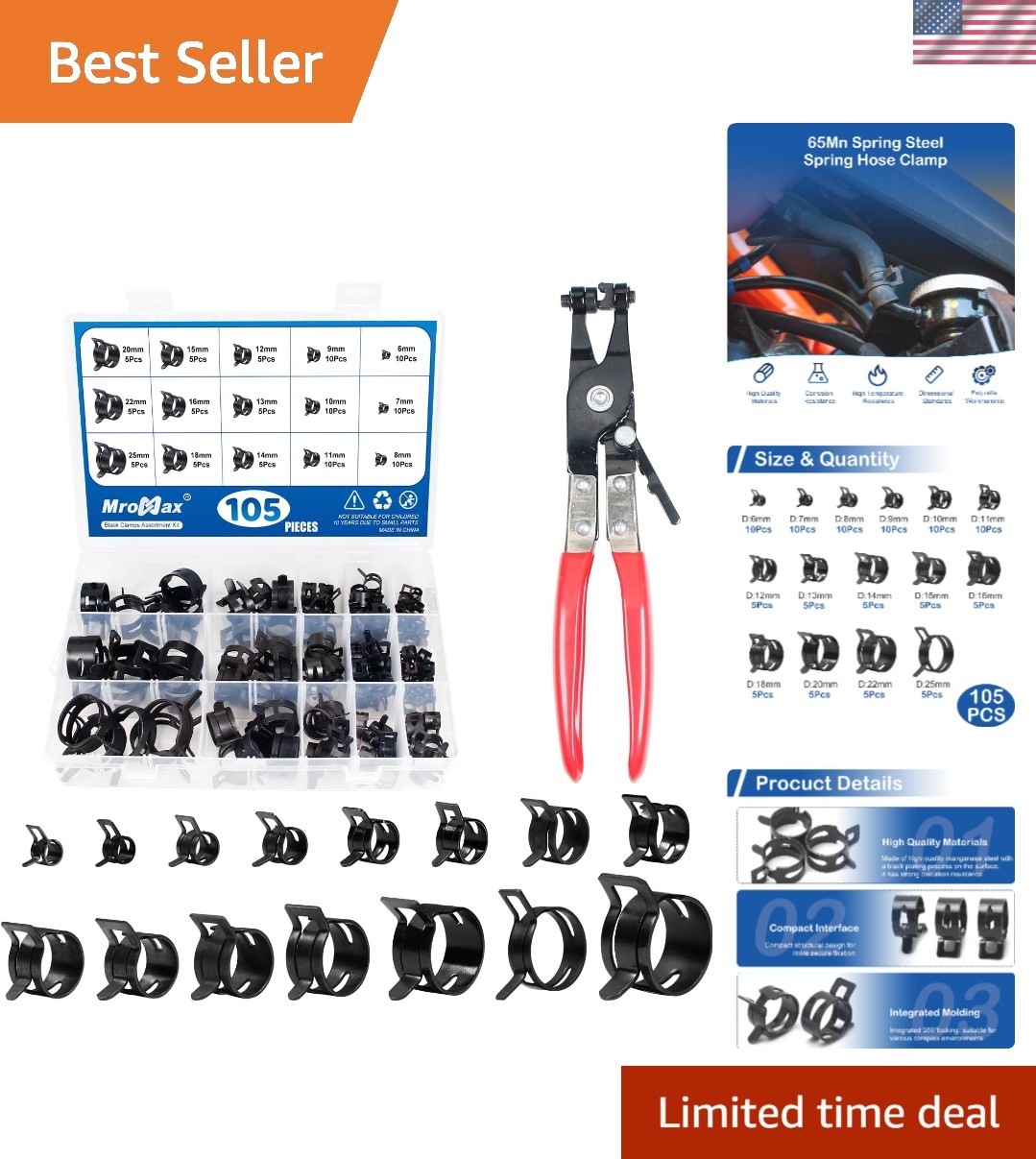 105Pcs 6-25mm Spring Hose Clamp Assortment Kit with Hose Clamp Pliers