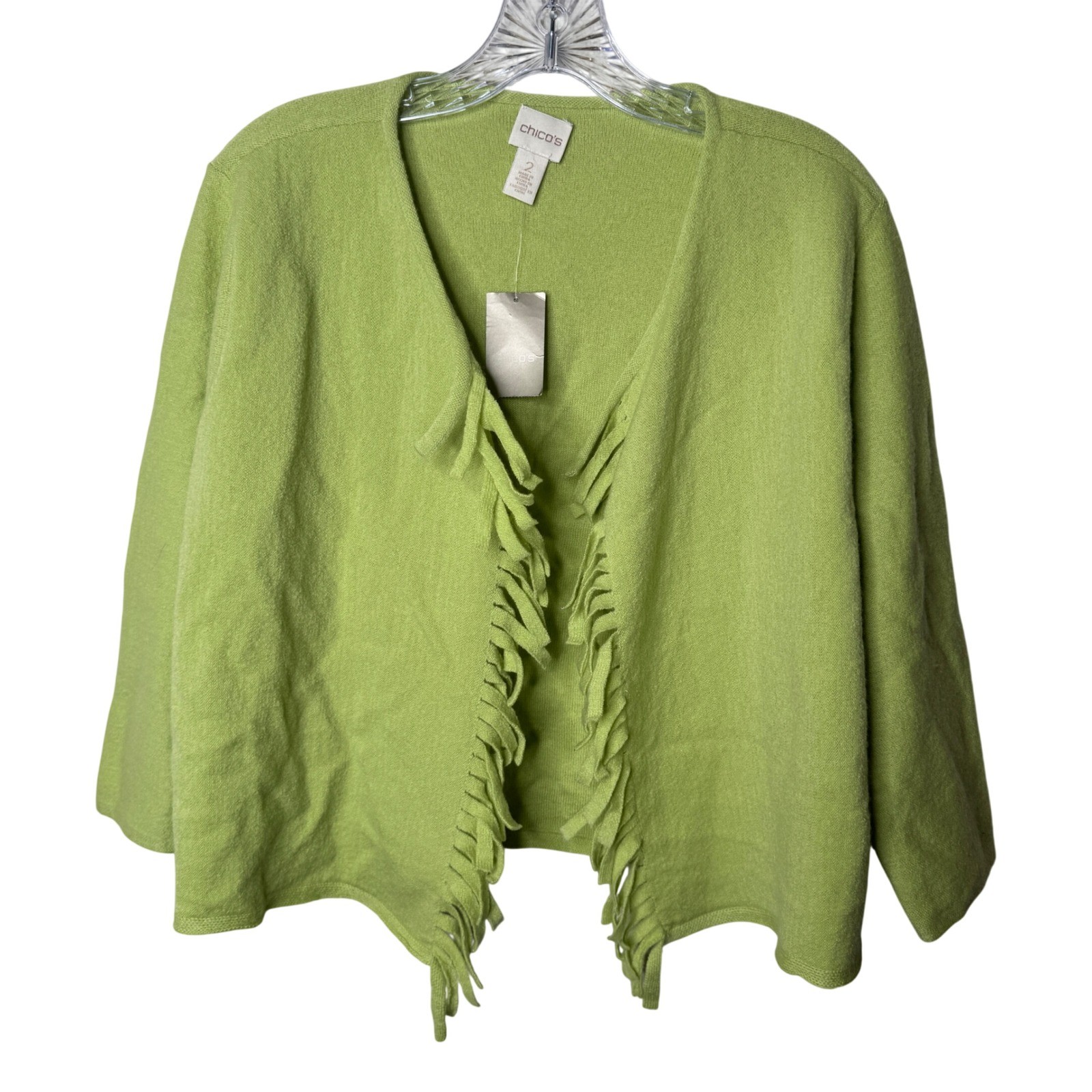 Chicos Flora Fringe Cardigan Sweater Market Green 100% Wool Size 2 L NEW
