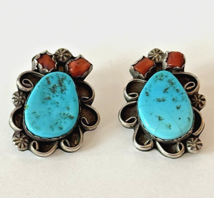 Vintage Navajo Sterling Silver BIG TURQUOISE & Coral Earrings push back VTG 925