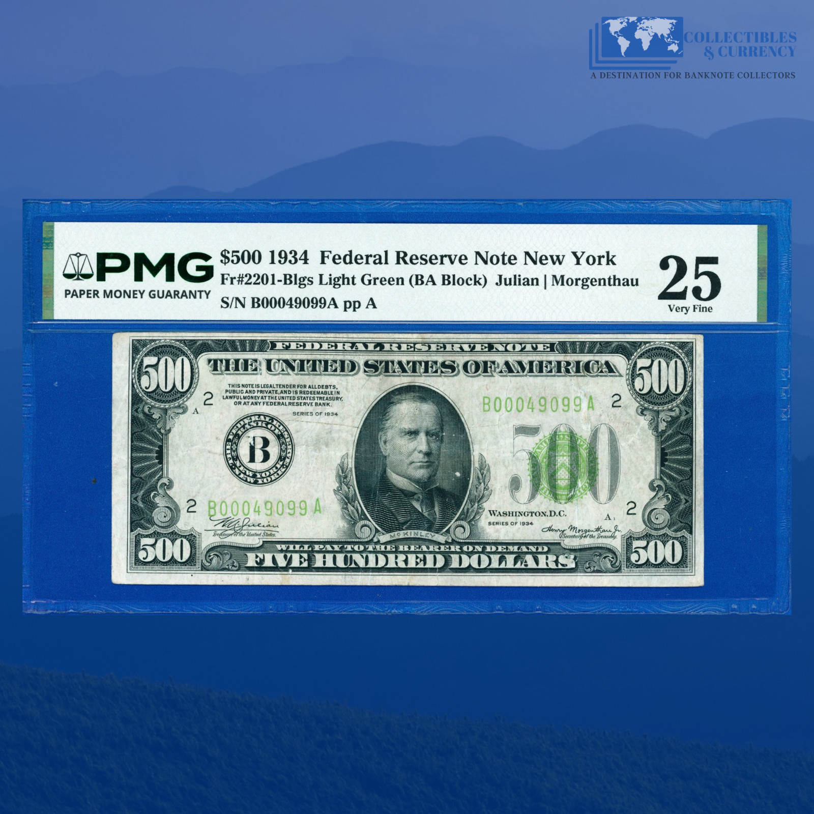 Fr.2201-B 1934 $500 Federal Reserve Note New York, Lime GS, PMG VF 25 #49099