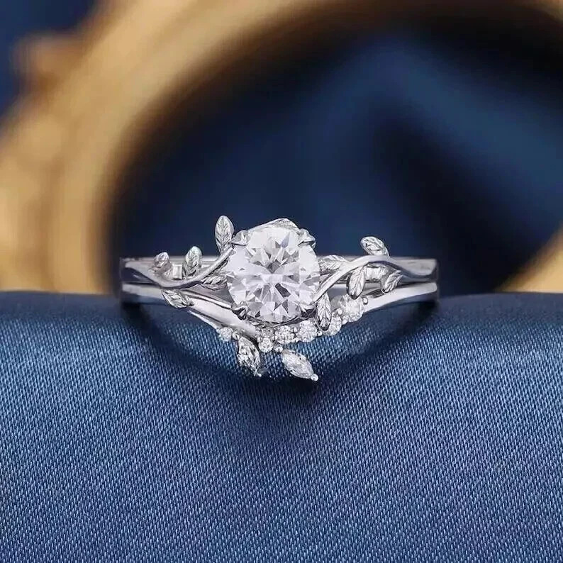 2Ct Round Cut Diamond Leaf Bridal Ring Set  14K White Gold  Engagement Band