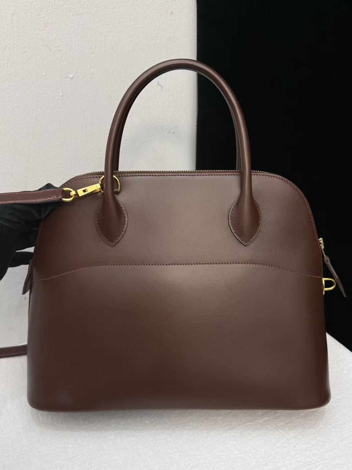 AUTH Hermès Bolide 31 Chocolat Box Leather Gold Hardware Top Handle Shoulder Bag