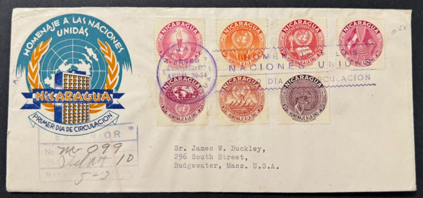 AtoZ. Nicaragua 1954 Set/12 on 2 FDCs Organization of United Nations