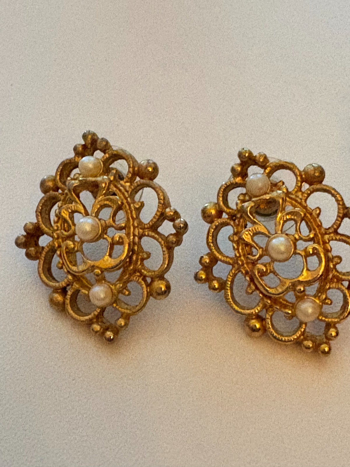 Vintage Victorian Revival Faux Pearl Earrings Gold Ornate Open Filigree Stud