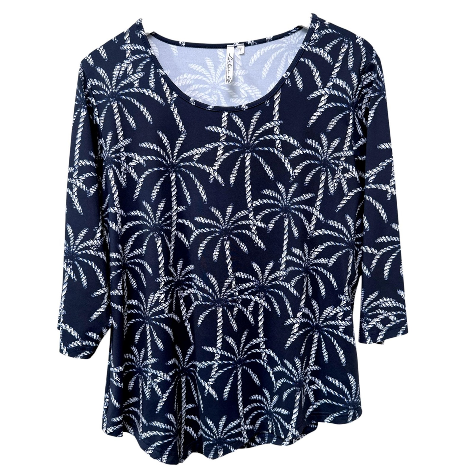 Lulu B Women\'s Top Large Navy Blue Tropical Palms Stretch Jersey Tee Preppy NWOT