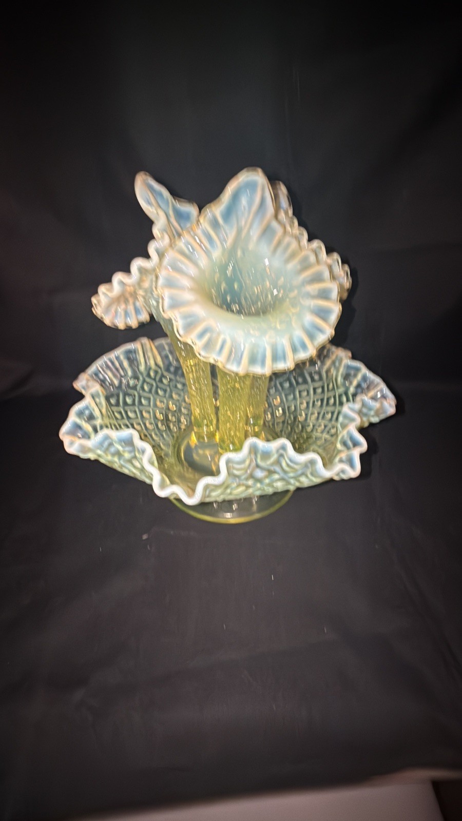 Vintage Fenton Vaseline Topaz Opalescent Hobnail Uranium Glass 3 Flower Epergne