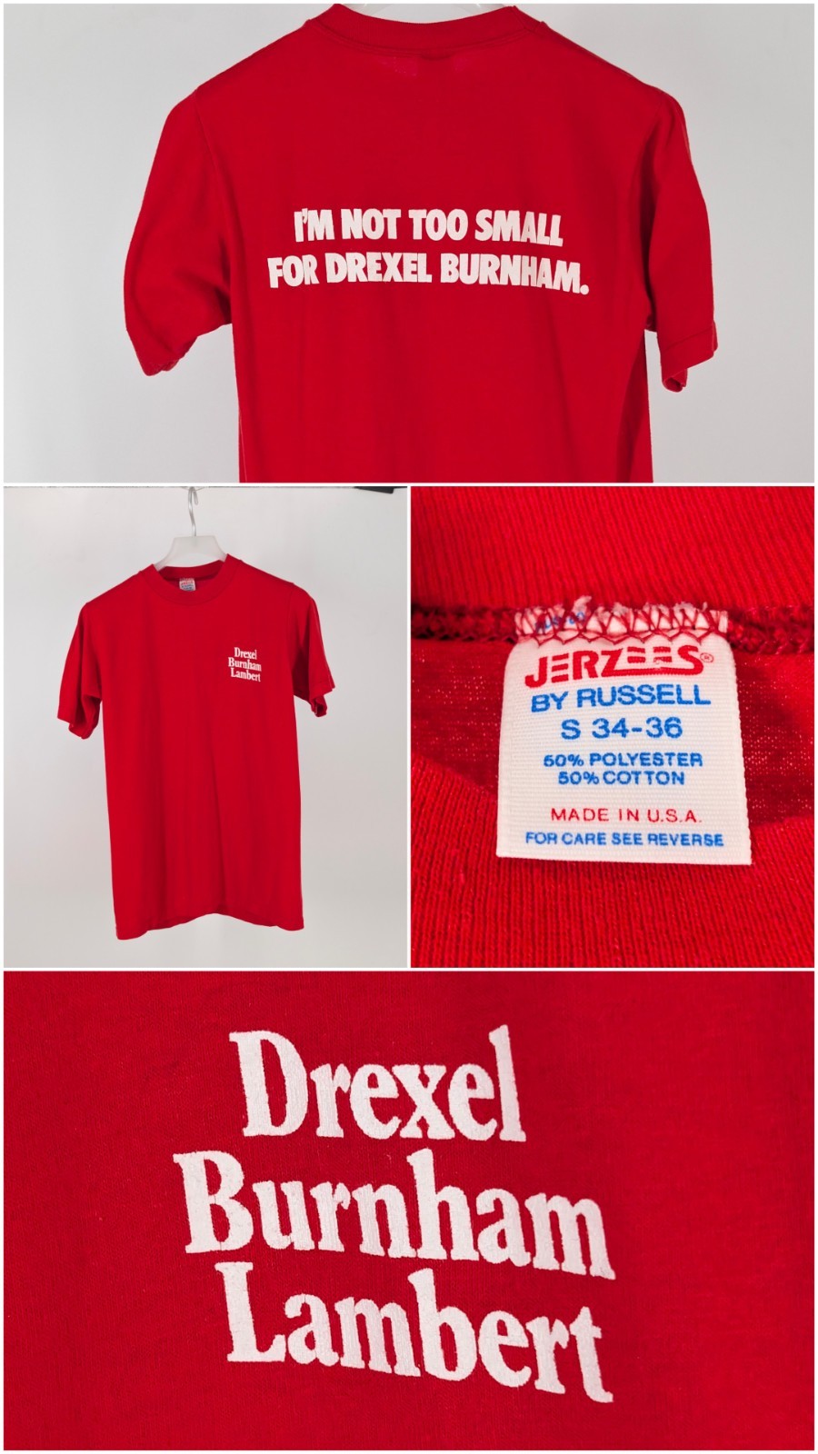 Vintage 1980s Drexel Burnham Lambert Wall Street Finance Promo Shirt Red USA S