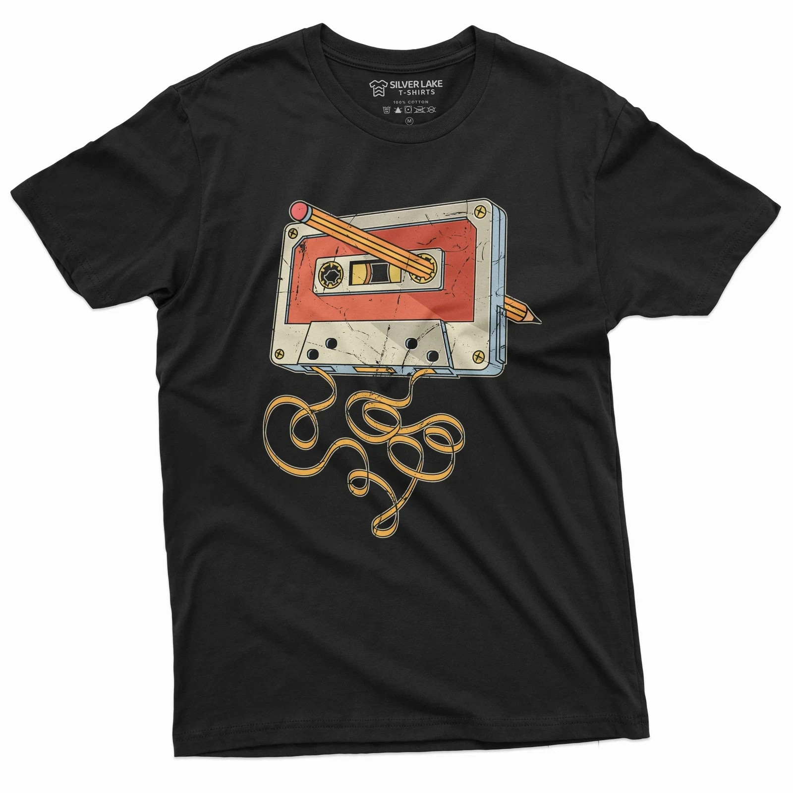 Men\'s vintage cassette tape with pencil T-shirt 80s 90s born nostalgic gift