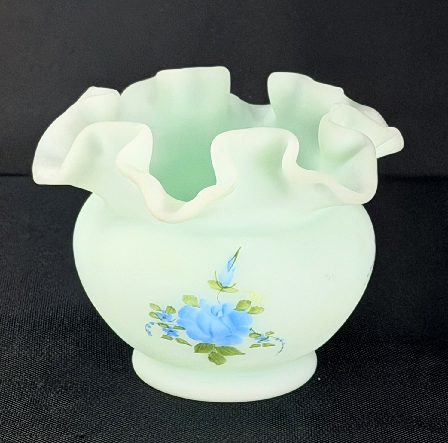 Vintage Fenton Blue Satin Glass Signed Hand Painted Blue Roses Ruffled Edge Vase
