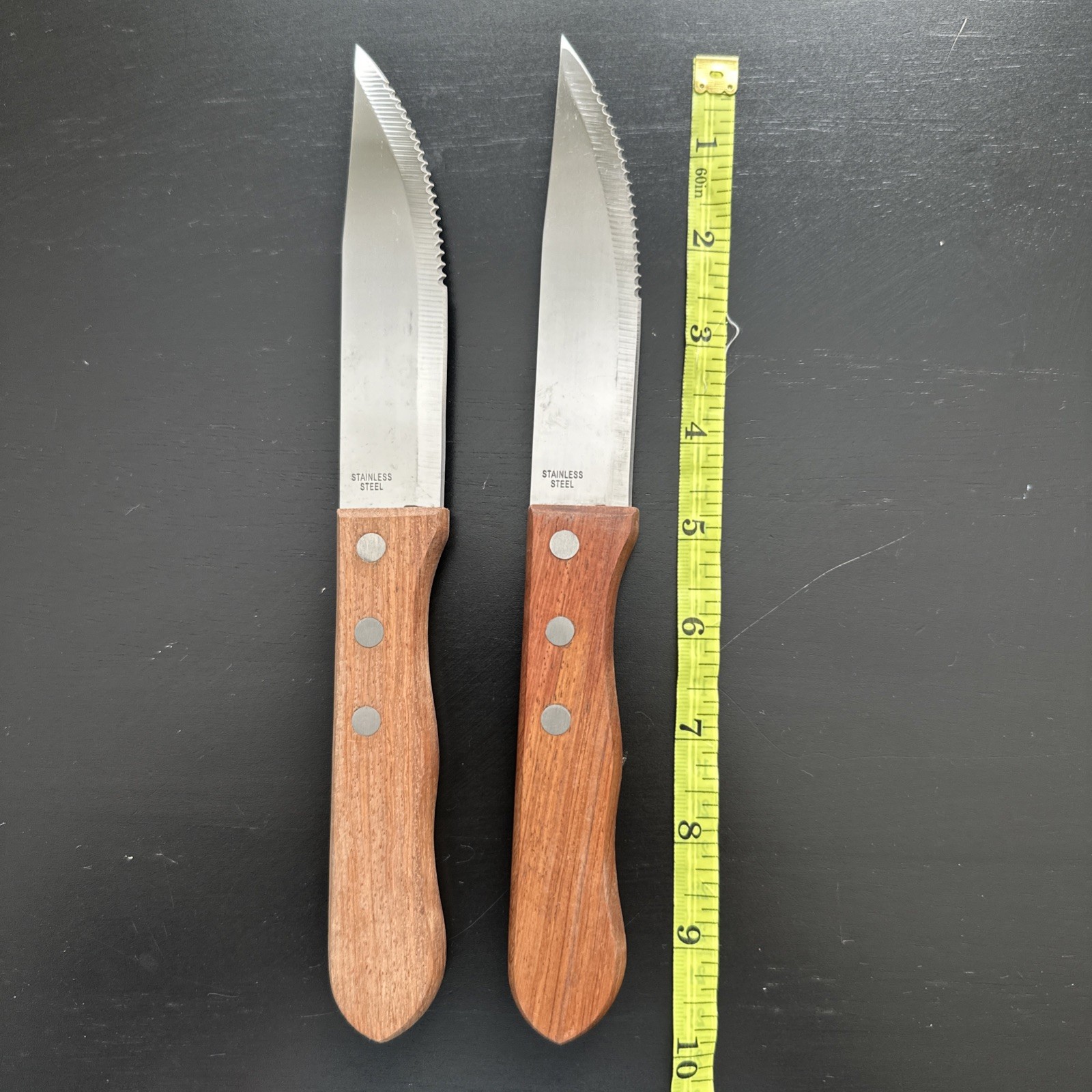 Vintage Steak Knives Serrated Stainless Steel Wood Handle Set of 2 ,  10 inch