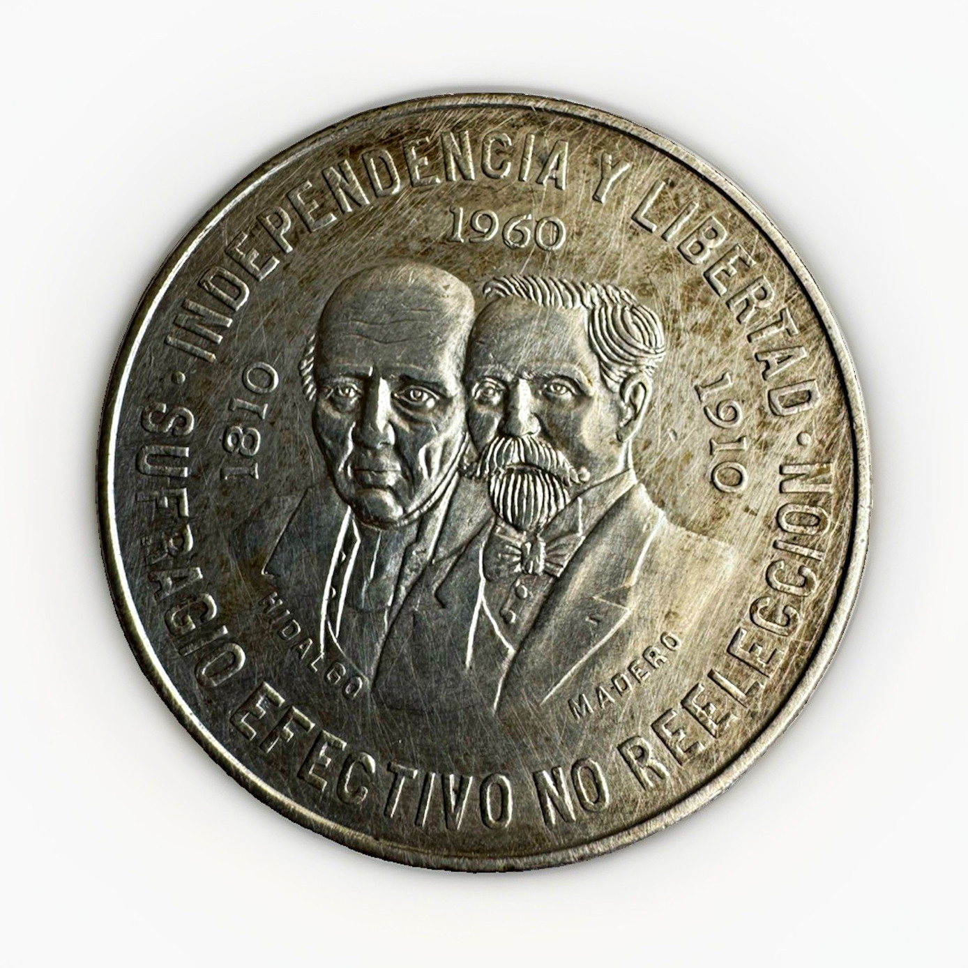 1960 Mexico 10 Pesos Silver Coin Ley 0.900 Hidalgo & Madero Commem KM#473