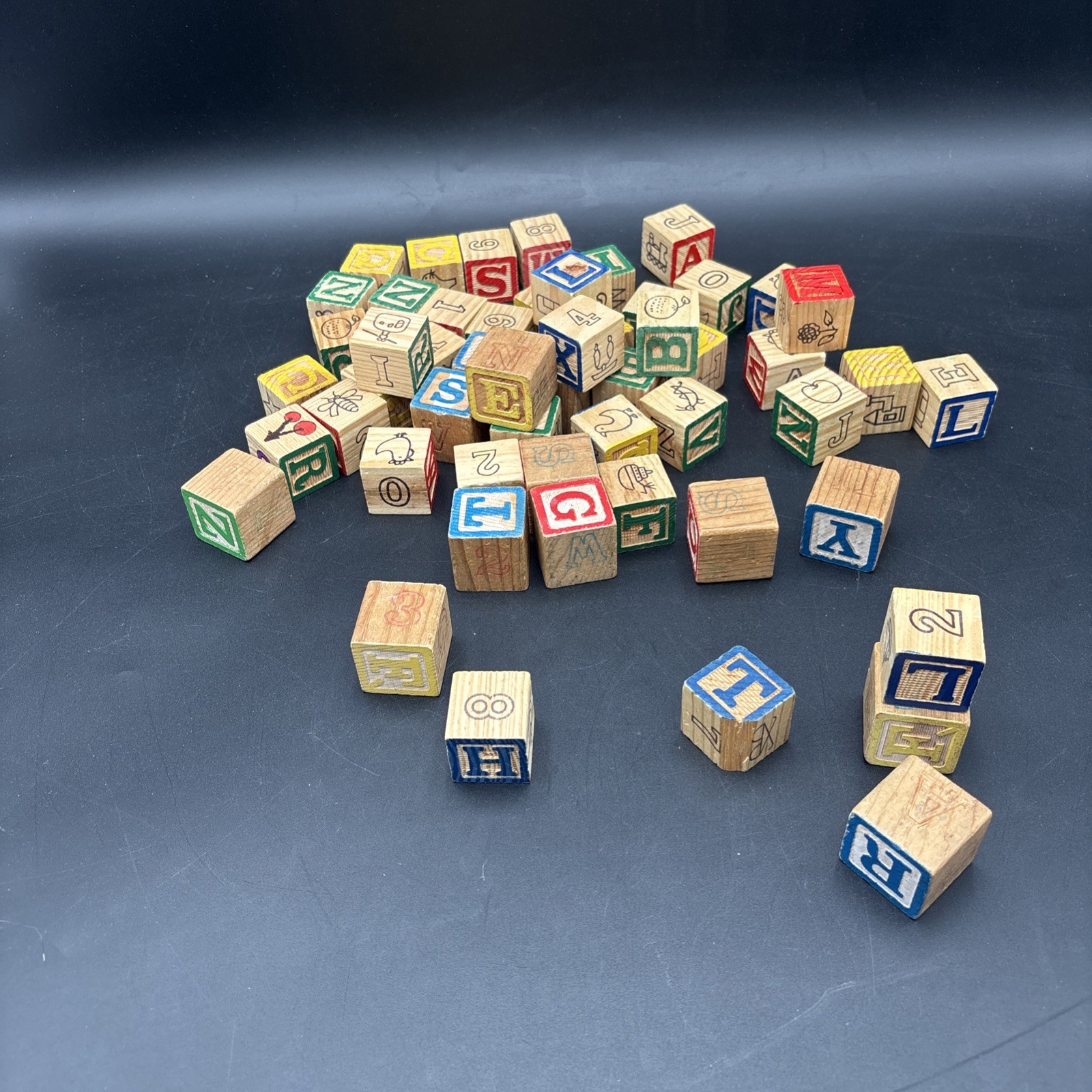 Lot of 50+ Vintage Wooden Alphabet Blocks ABC Number Picture Cube With Case