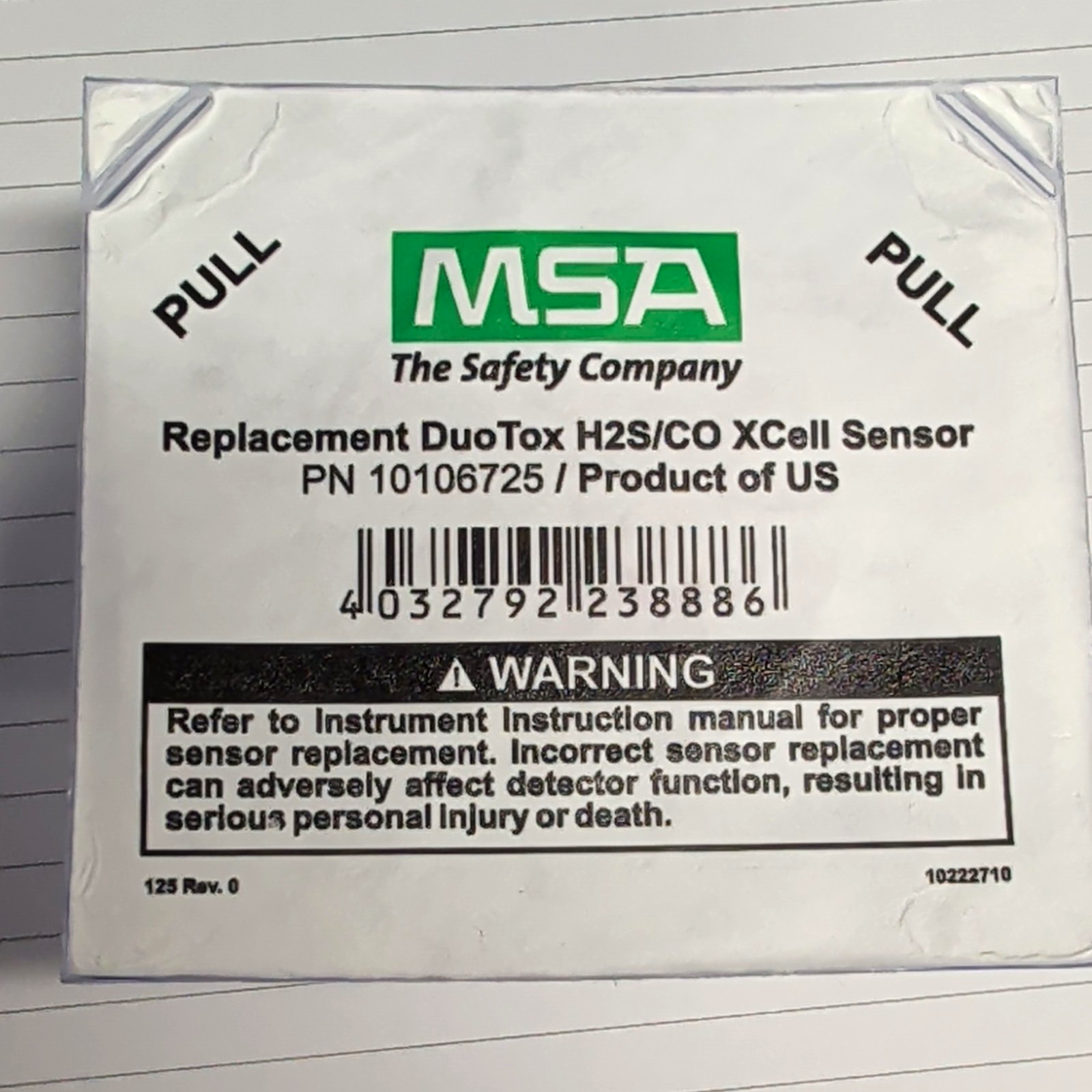 MSA XCell DuoTox H2S/CO Gas Replacement Sensor MPN 10106725 PN 10106725