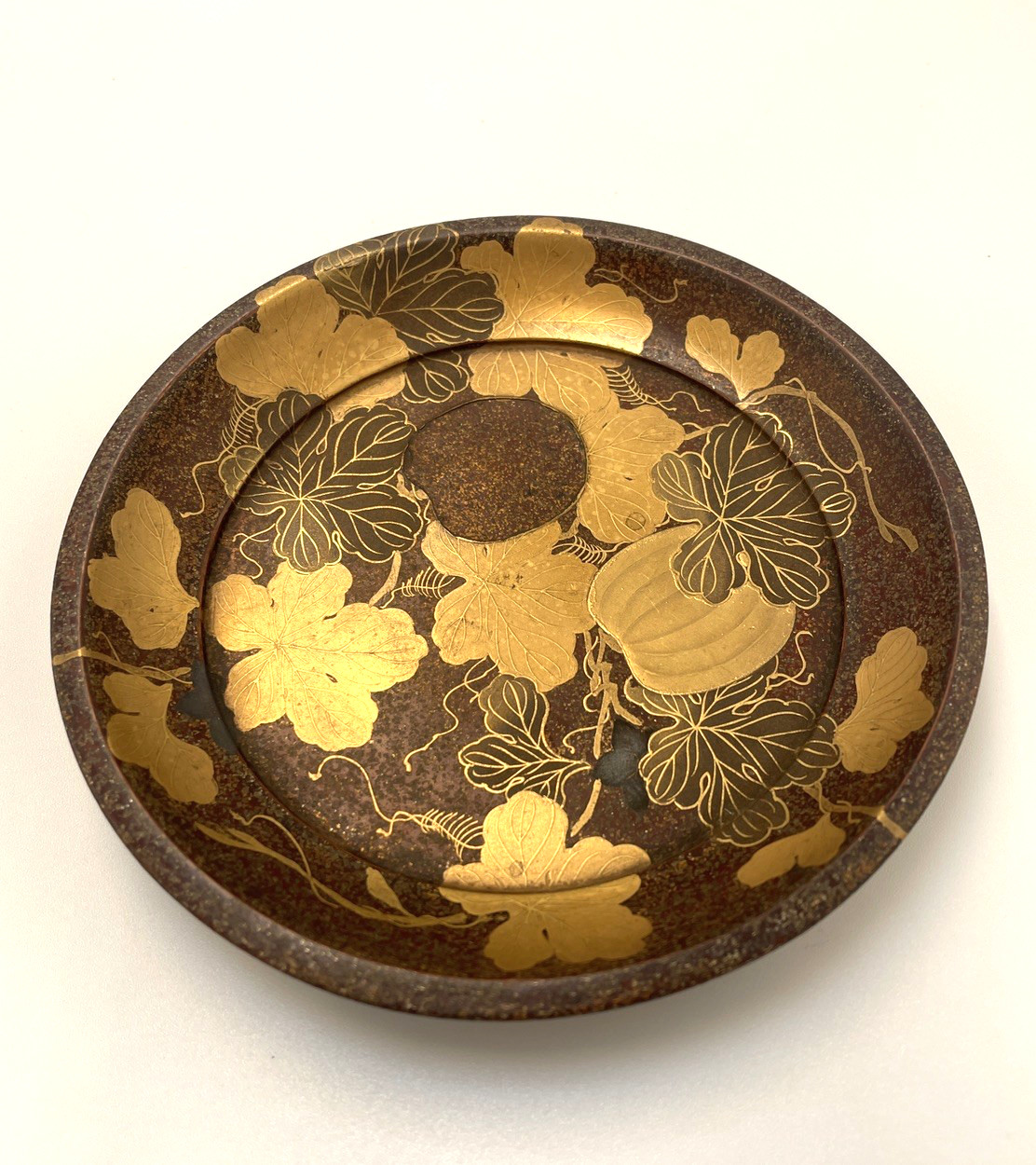 Japanese Gold Maki-e Lacquer Tray Hyotan Gourd Vine Nashiji 4 3/4\