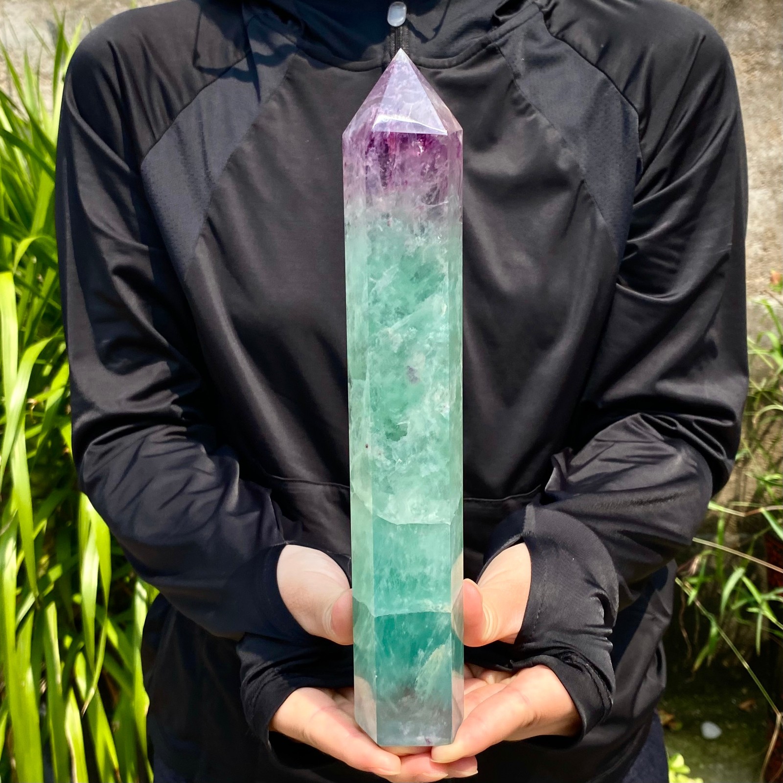 2.24LB Natural Rainbow Fluorite Obelisk Quartz Crystal Wand Tower Point Healing