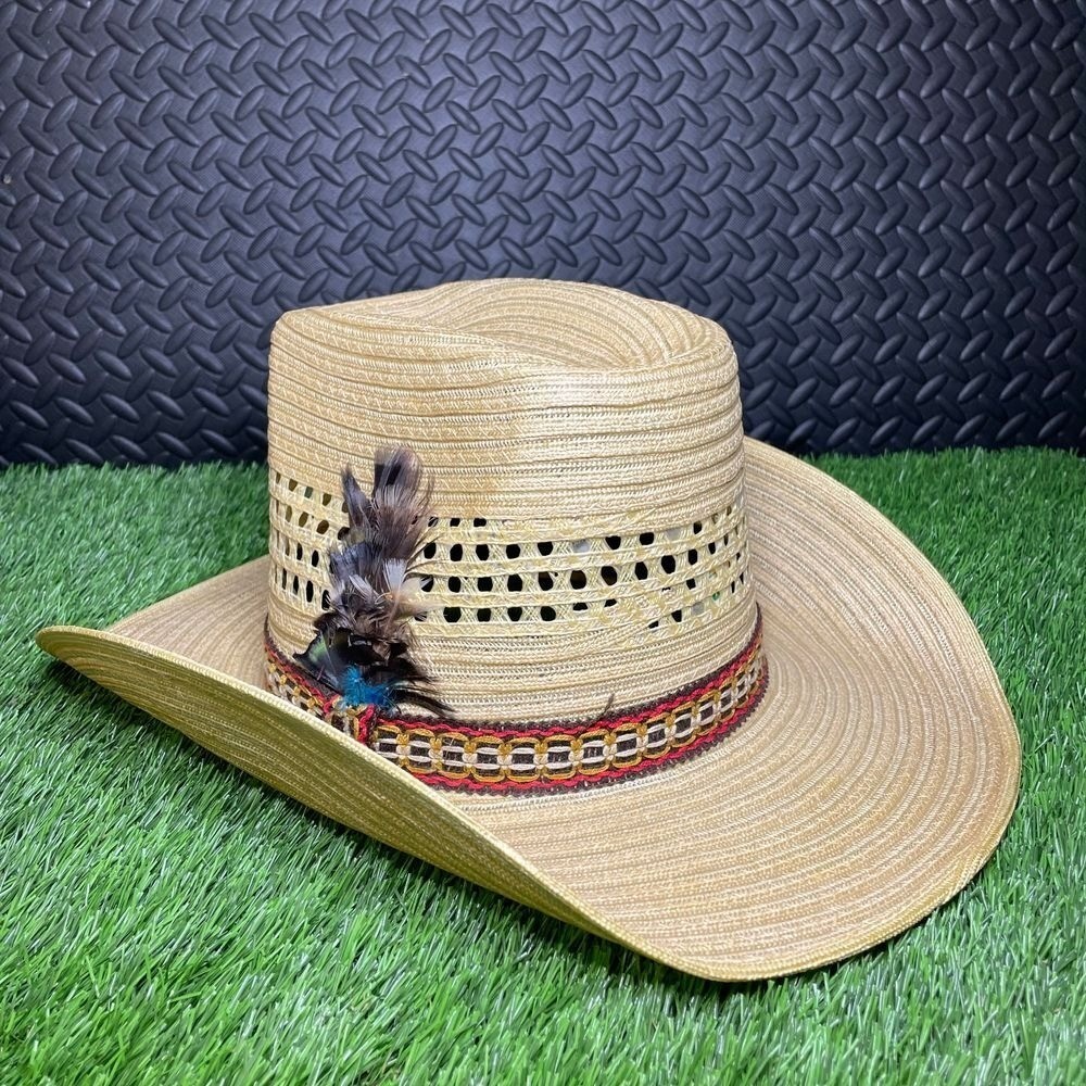 Vtg RIO GRANDE Cowboy Hat Sombrero 7.5 Chihuahua Straw Feather High Dome Mexico