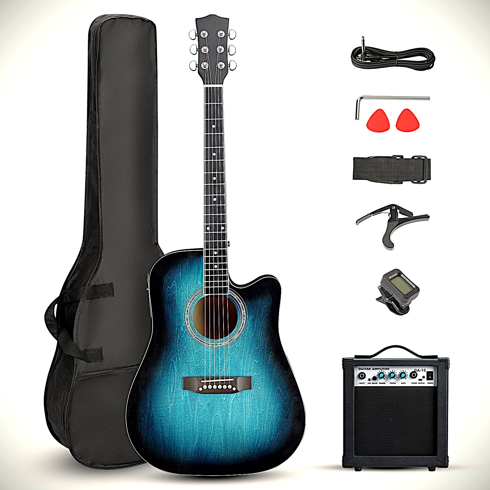 Full-Size Blue Acoustic Electric Guitar Starter Package with Amp, Tuner and More