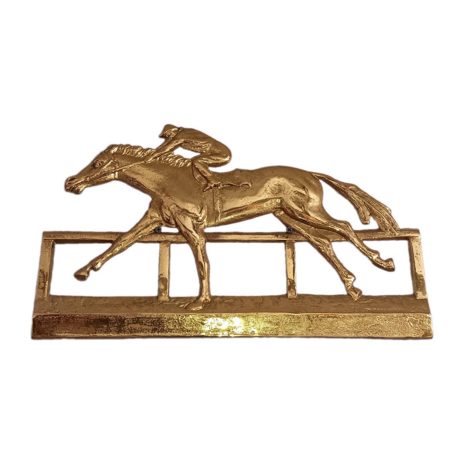 Antique BRASS Jockey HORSE RACING Derby Equestrian Relief Plaque Decor 18\