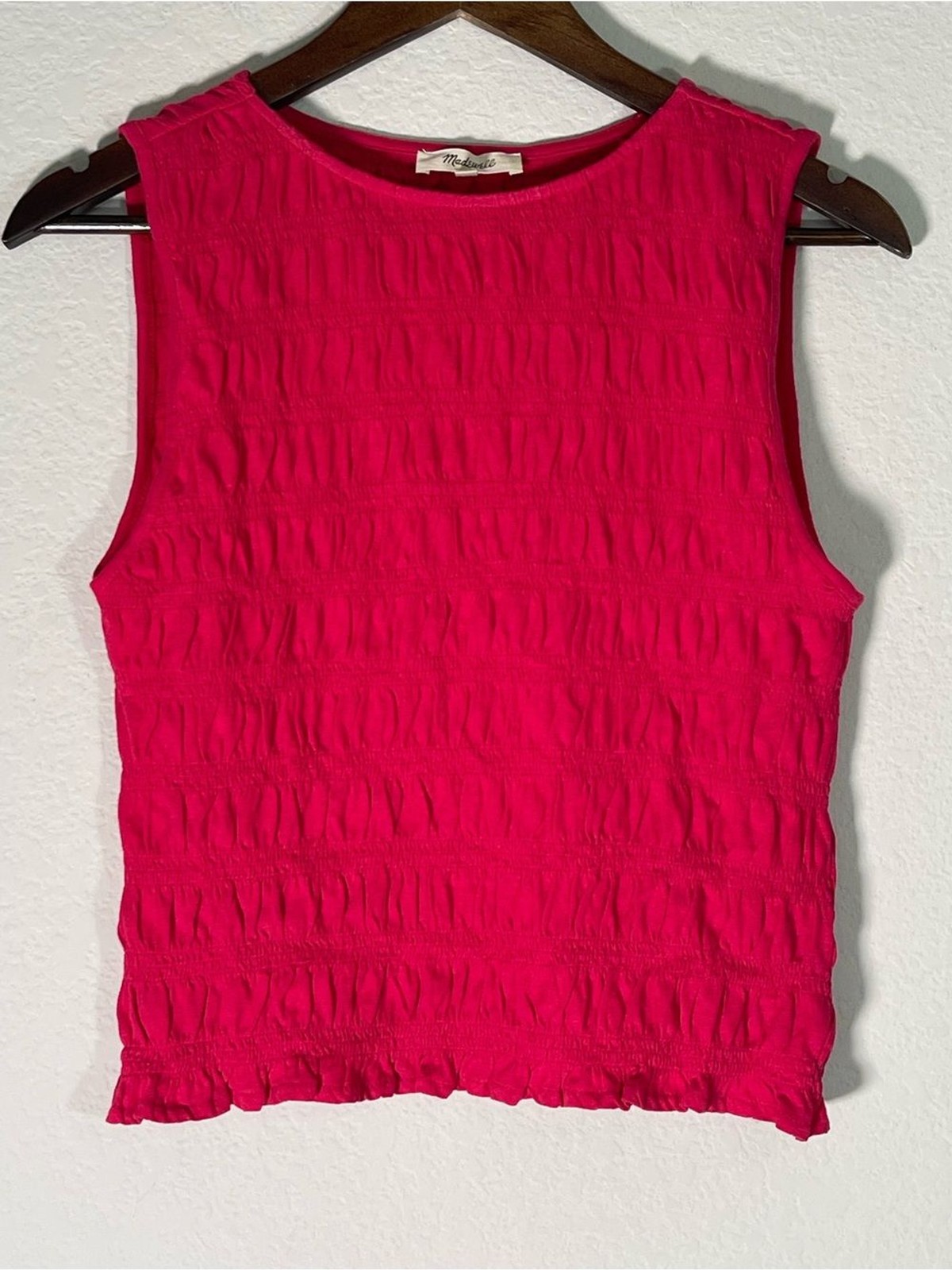 Madewell Smocked Boatneck Tank Size Small w/ Ruffled Hem in Watermelon