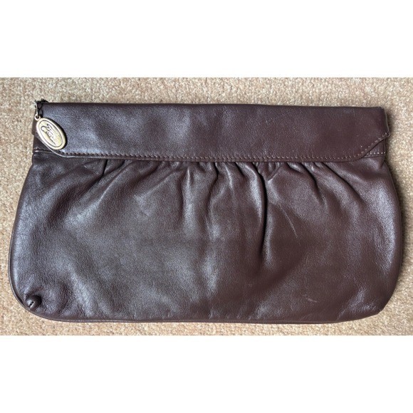 Etra Vintage Brown Genuine Leather Pleated Zipper Clutch Bag with Logo Charm