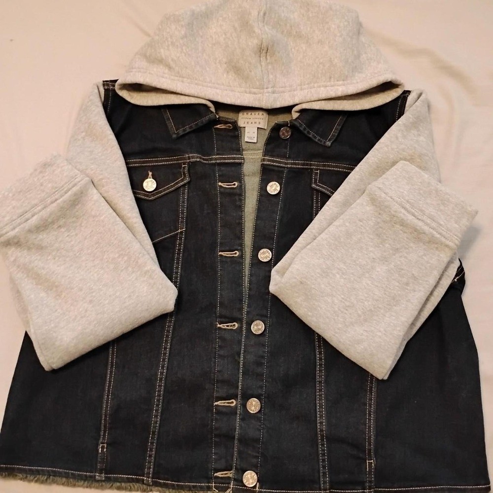 Susan Graver Jeans Blue Denim Jacket  Gray Knit Hoodie minimalist clean preppy