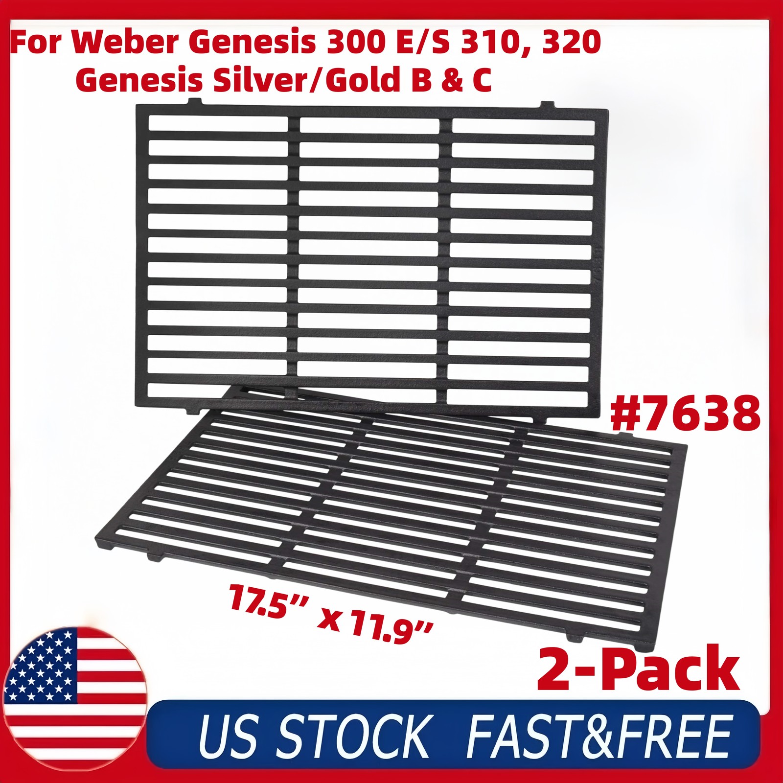 7638 Weber Spirit 300 E310 E320 Grill Grates Replacement Cast Iron 2-Pack