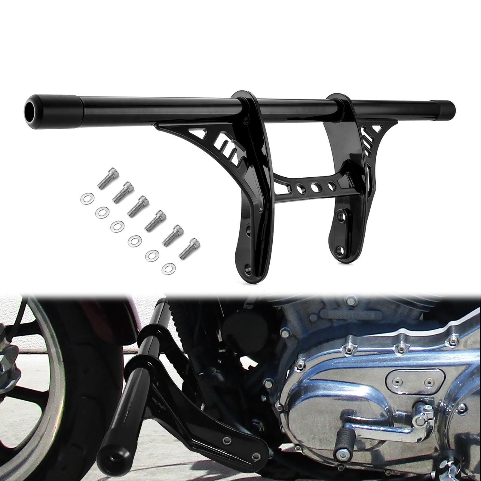 Crash Bars Front Highway Peg Engine Guard Fit for Harley, Gloss Black