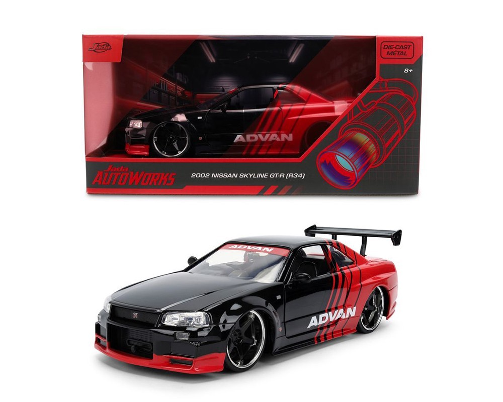 JADA AUTOWORKS 2002 NISSAN SKYLINE GT-R R34 ADVAN 1/24 DIECAST BLACK RED 38346