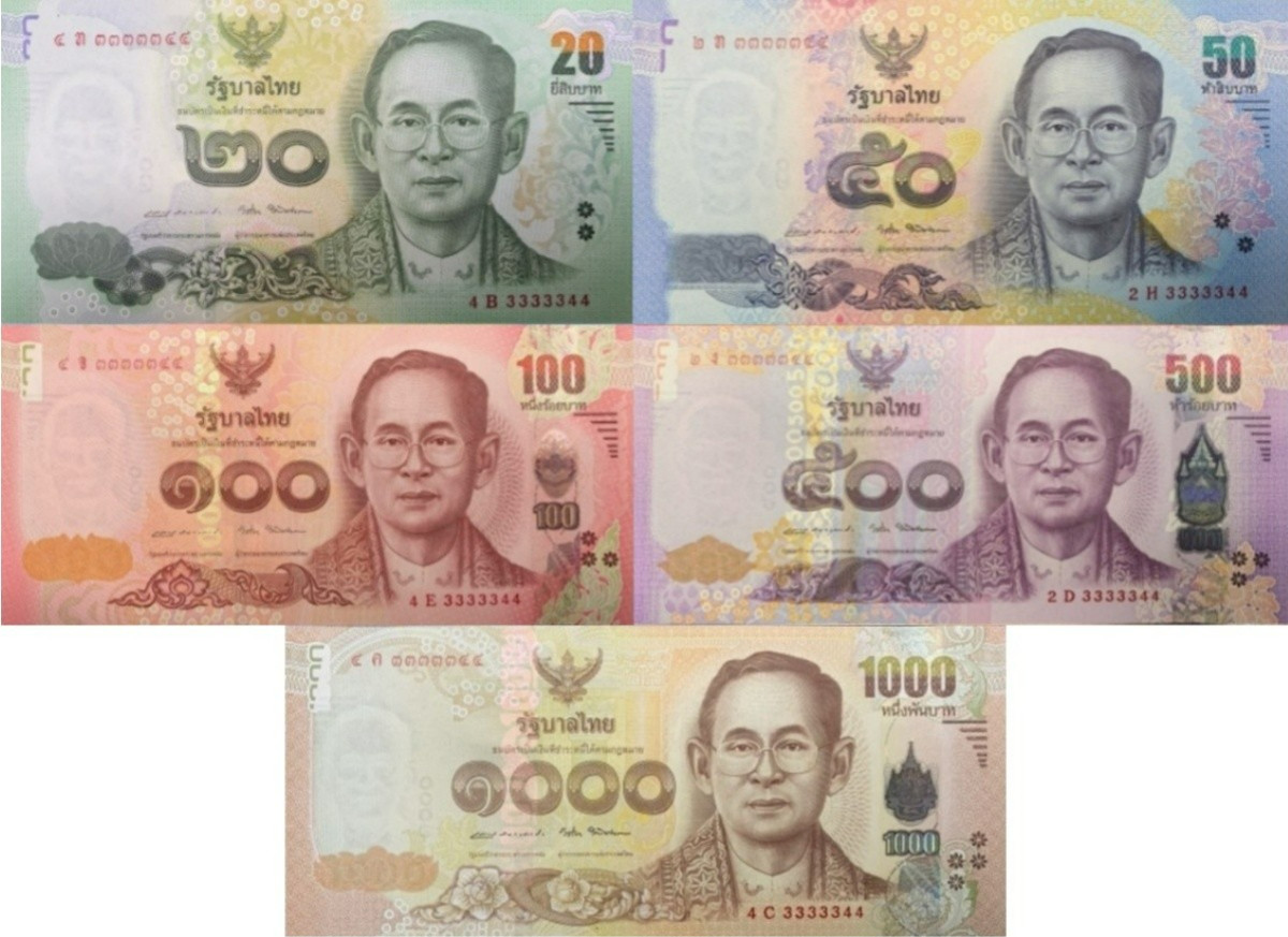Thailand 20 50 100 500 1000 Baht 2010-16 P 118-122 UNC Match No. 33333XX Set 5 p