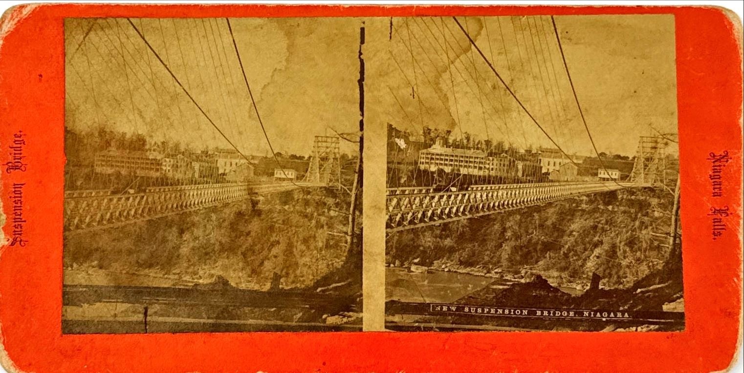 Niagara Falls Suspension Bridge Railroad Train Rare Orange Mount Stereoview CV06