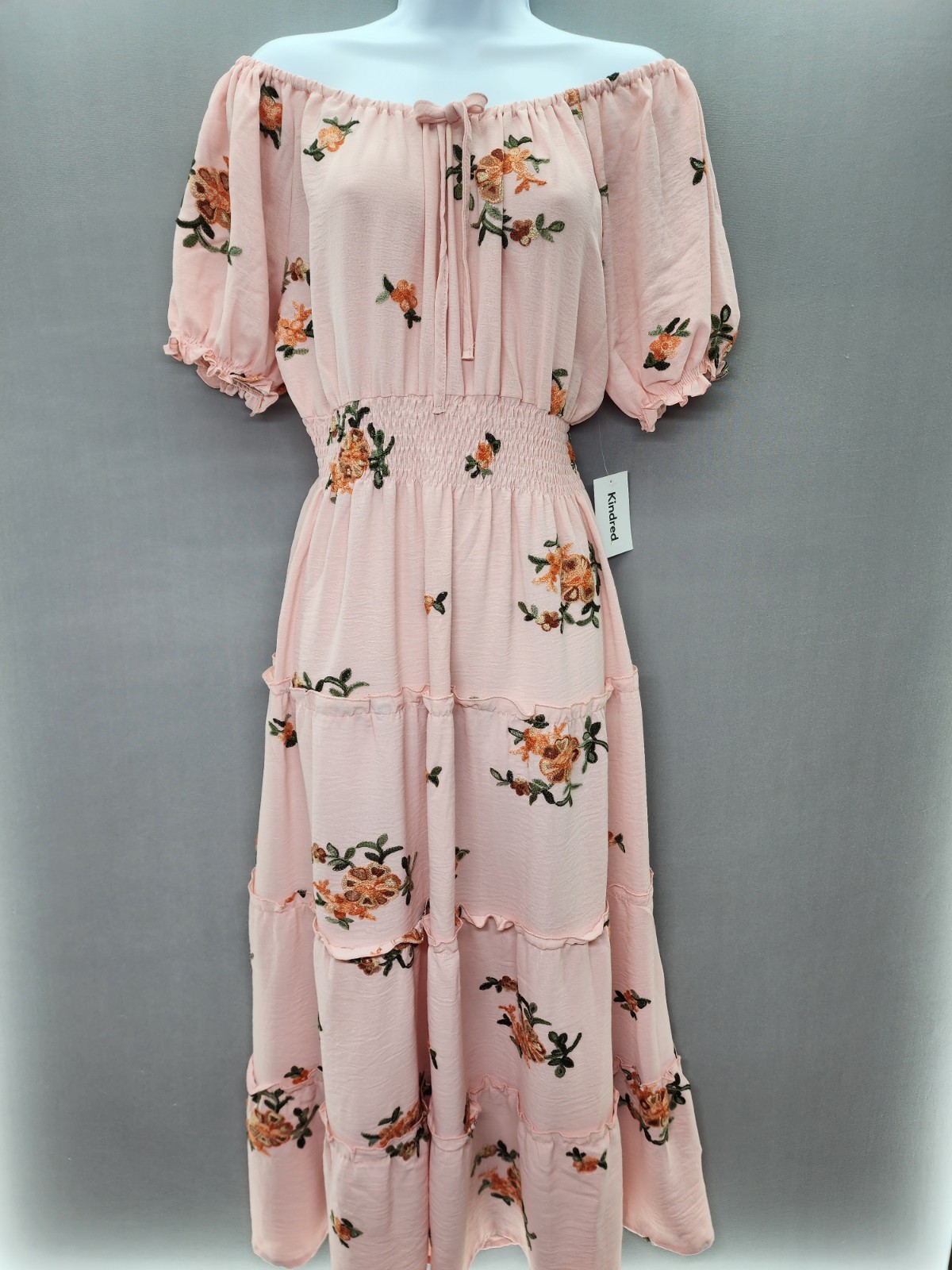 Anthropologie Kindred Light Peach Pink L Embroidered Tiered Boho Maxi Dress