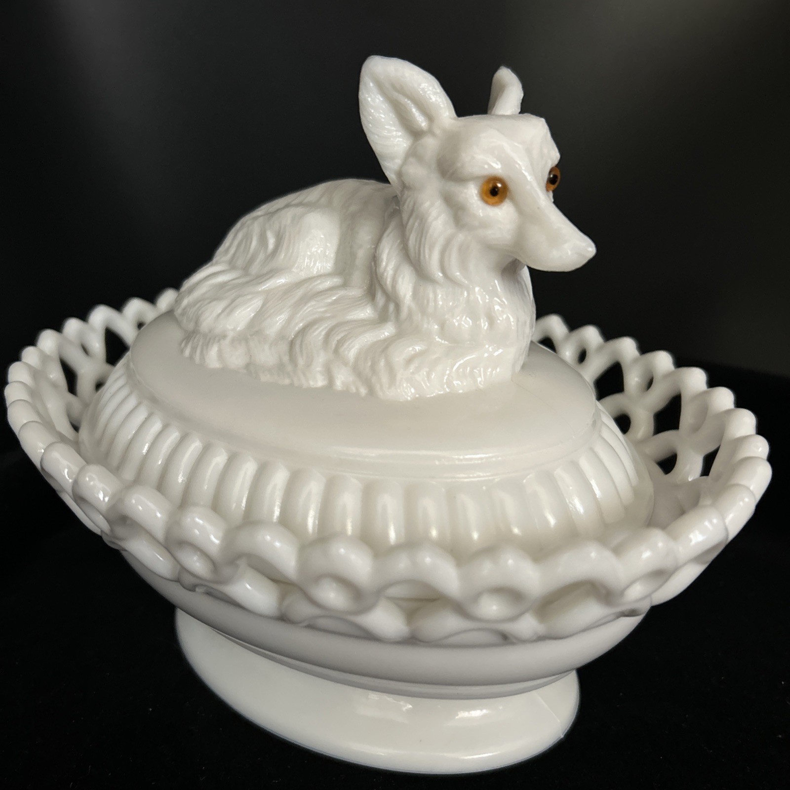 Westmoreland White Milk Glass Fox On Sailor Lacy Base Covered Serving Dish Westmoreland White Milk Glass Fox On Sailor Lacy Base Covered Serving Dish