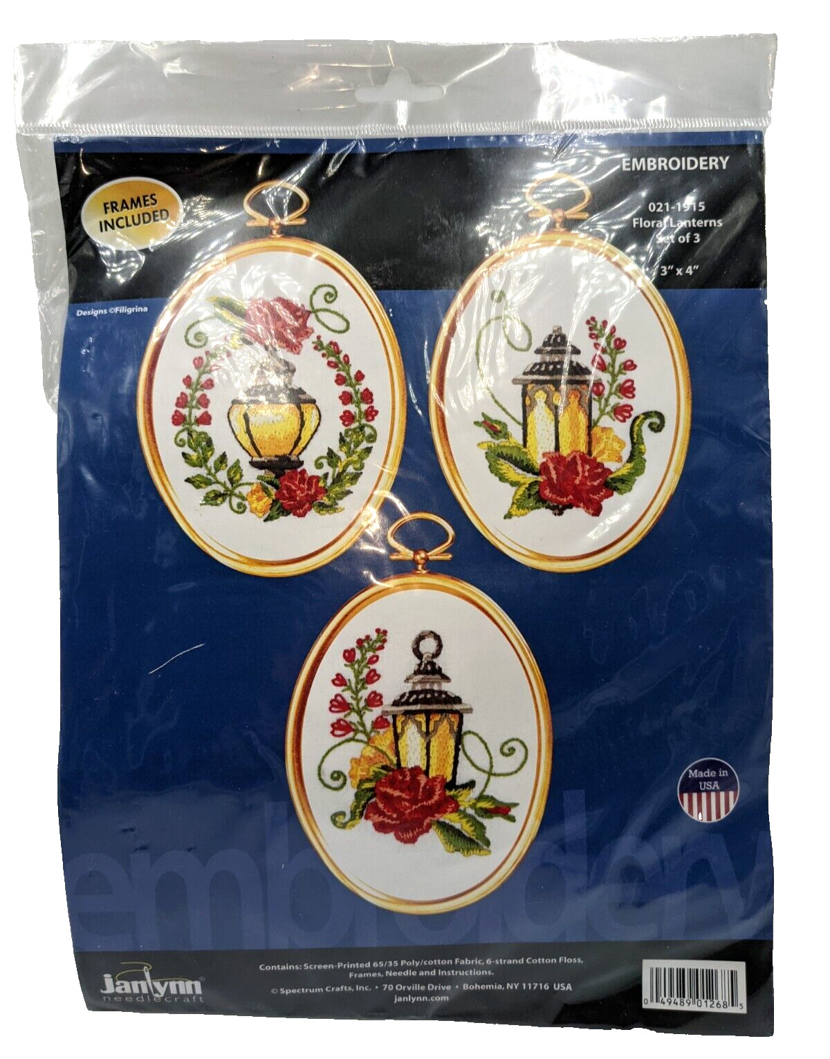 Janlynn Needlecraft Embroidery Kit Floral Lanterns 3 Designs Frames Included NOS