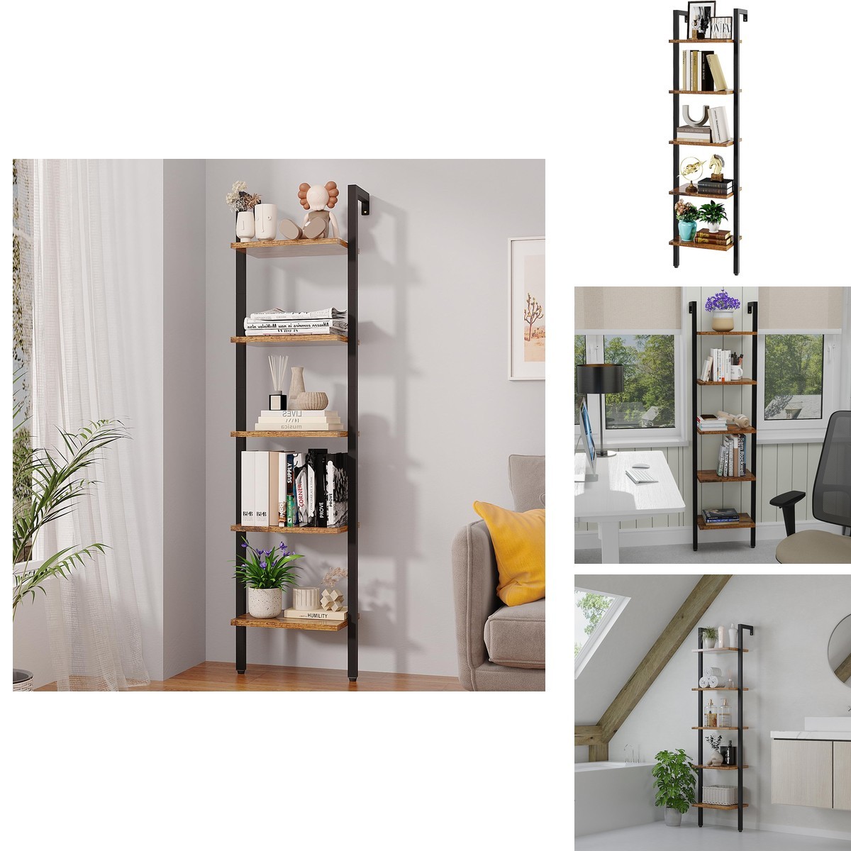 YMYNY 5 Tiers Ladder Bookcase, Industrial Wall Mounted Bookshelf, Open Display