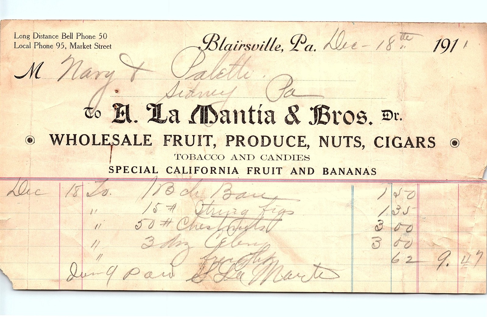 1911 Blairsville PA Wholesale Fruit, Tobacco, Candy Billhead 1911 Blairsville PA Wholesale Fruit, Tobacco, Candy Billhead