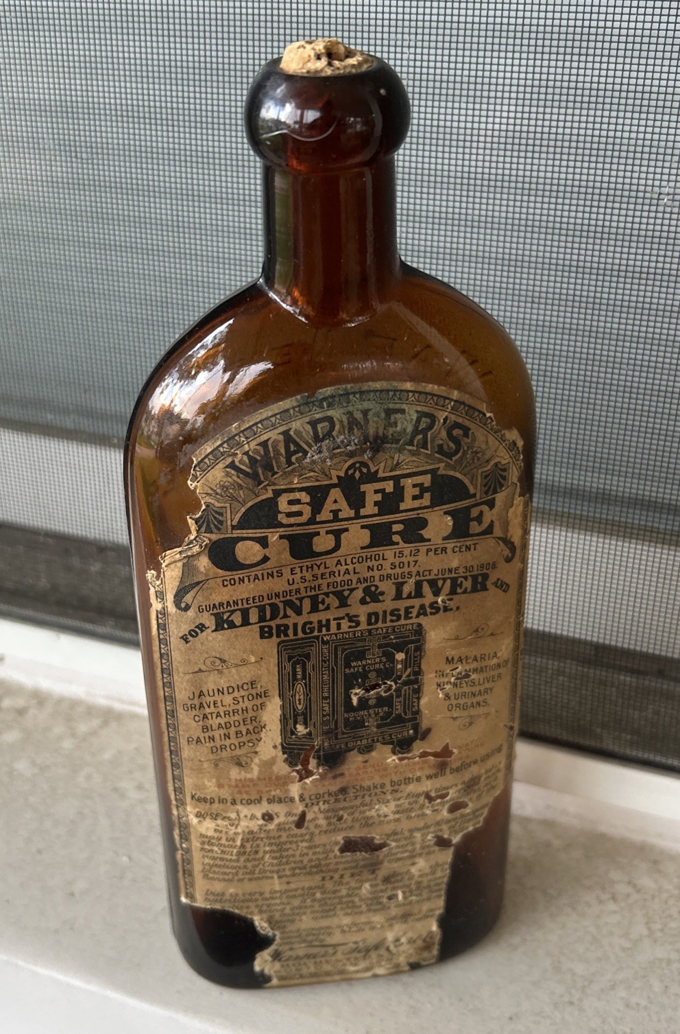 Antique Warner’s Safe Cure Bottle c 1878–1883 Amber Glass Original Label & Cork