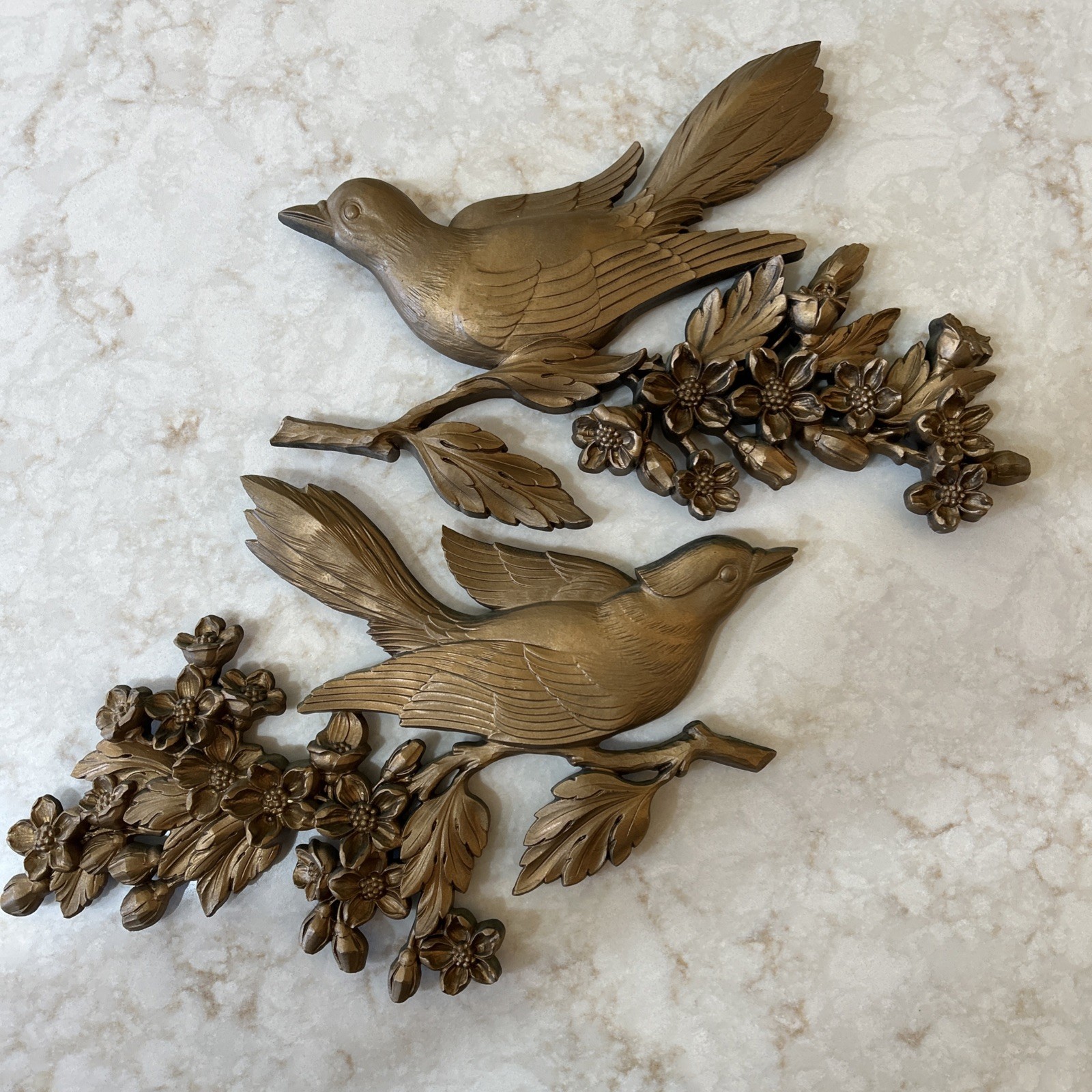 VTG MCM Pair Of Gold Resin Birds On Dogwood Branches 1967 Homco Wall Hangings VTG MCM Pair Of Gold Resin Birds On Dogwood Branches 1967 Homco Wall Hangings