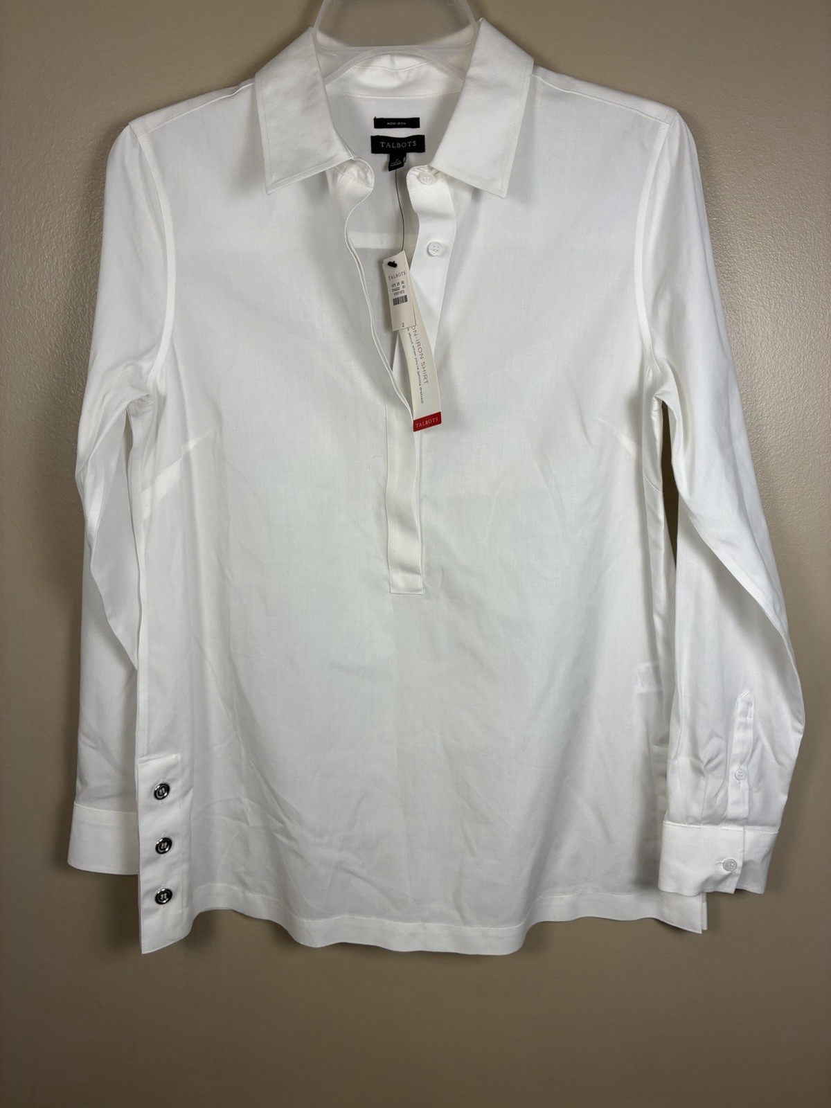 NWTs Talbots Non Iron White Cotton Popover Long Sleeve Tunic Shirt Size 2